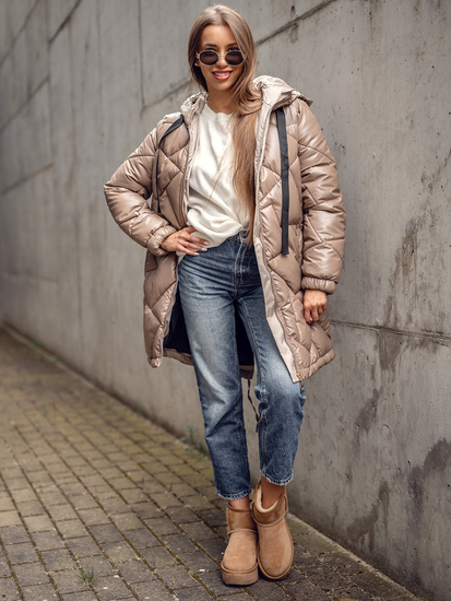 Camel színű hosszú steppelt téli női kabát kapucnival Bolf 5M3189