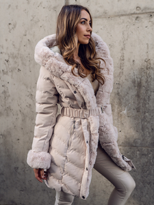 Bézs színű steppelt hosszú téli női kabát kapucnival Bolf 5M3156A