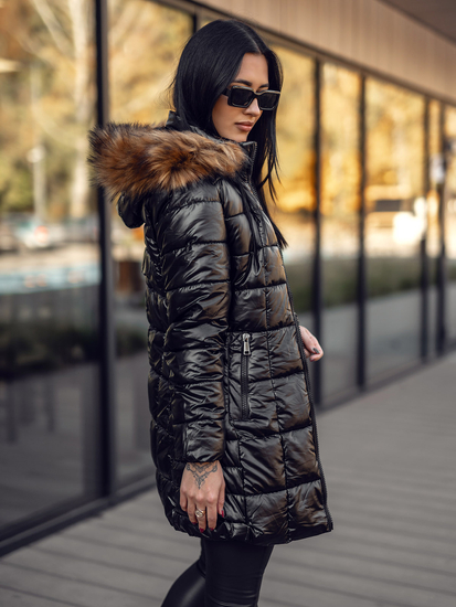 Fekete-barna hosszú steppelt kapucnis női télikabát Bolf 16M9120A