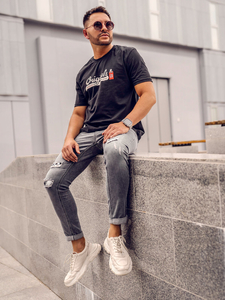 Fekete színű pamut férfi póló mintával Bolf 14780A