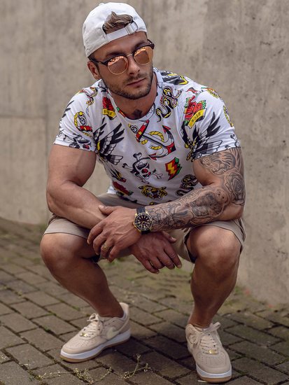 Fehér színű férfi pamut póló mintával Bolf 14962