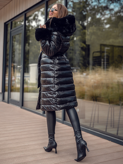 Fekete színű hosszú steppelt téli női kabát kapucnival Bolf 5M3160