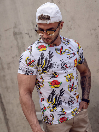 Fehér színű férfi pamut póló mintával Bolf 14962