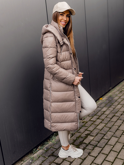 Barna színű hosszú steppelt téli női kabát kapucnival Bolf M689