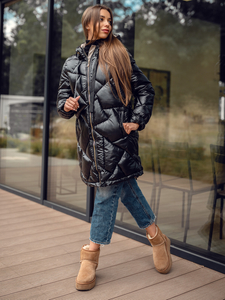 Fekete színű hosszú steppelt téli női kabát kapucnival Bolf 5M3189