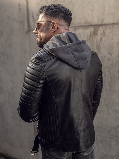 Fekete színű biker típusú férfi motoros bőrdzseki kapucnival Bolf 11Z8005