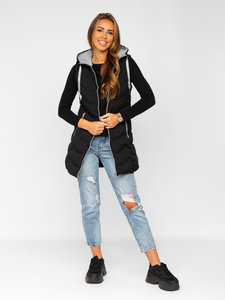 Fekete színű hosszú steppelt női mellény kapucnival Bolf 7042