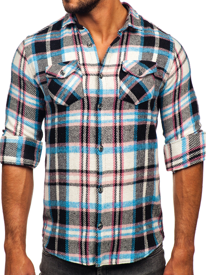 Hosszú ujjú kockás férfi flaneling kék-rózsaszín színben Bolf 22704