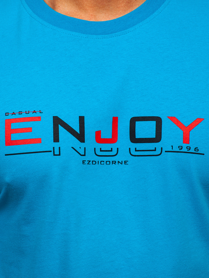 Türkizkék színű férfi pamut póló mintával Bolf 14739