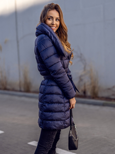 Sötétkék téli női hosszú dzseki kapucnival Bolf J9061