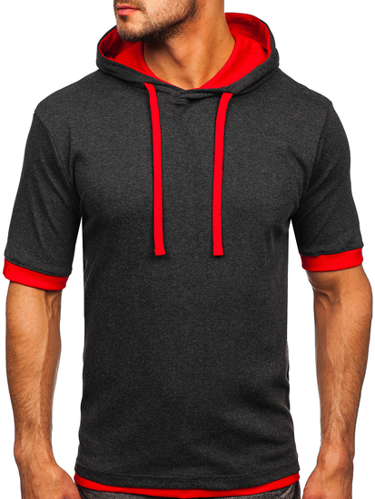 Antracit-piros színű kapucnis férfi póló minta nélkül Bolf 08-1