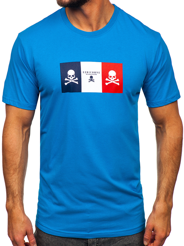 Égszínkék színű férfi pamut póló mintával Bolf 14784