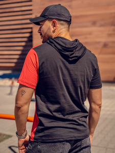 Mintás férfi póló kapucnival fekete-piros színben Bolf 8T981A