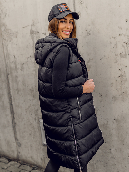 Fekete színű hosszú steppelt női mellény Bolf 81261A