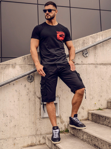 Fekete-piros színű férfi póló terepmintás zsebbel Bolf 8T85A