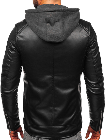 Fekete színű biker típusú férfi bőrdzseki kapucnival Bolf 11Z8012-A