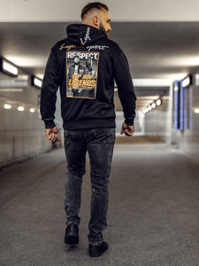 Fekete kapucnis férfi pulóver kenguruzsebbel és mintával Bolf M280