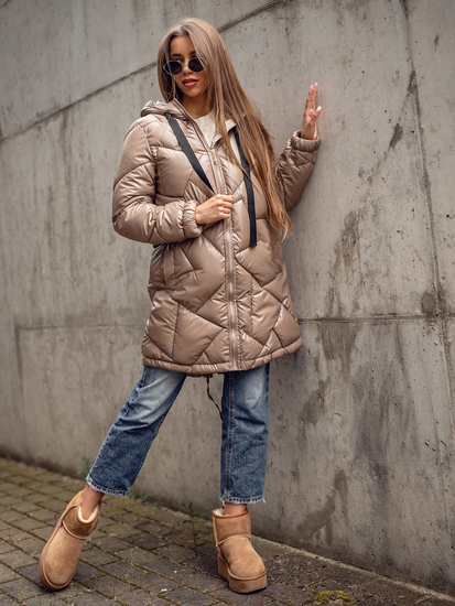 Camel színű hosszú steppelt téli női kabát kapucnival Bolf 5M3189