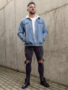 Bélelt trucker típusú férfi farmerdzseki szőrmés gallérral kék színben Bolf 1157