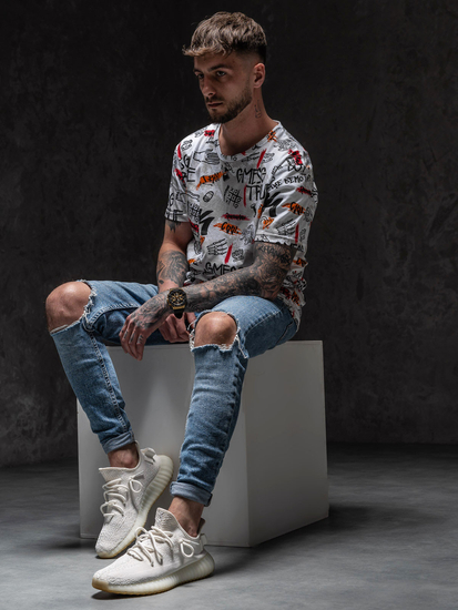 Mintás férfi póló fehér színben Bolf 14908