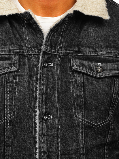 Bélelt trucker típusú férfi farmerdzseki szőrmés gallérral fekete színben Bolf 1160