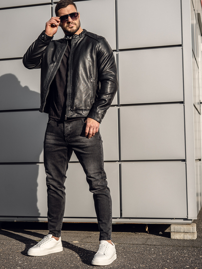 Férfi bélelt biker bőrdzseki fekete Bolf 92532