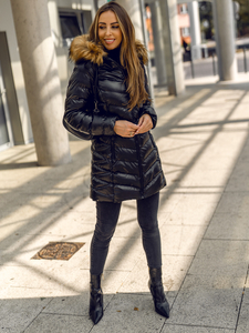 Hosszú steppelt téli női dzseki kapucnival fekete színben Bolf 5M778