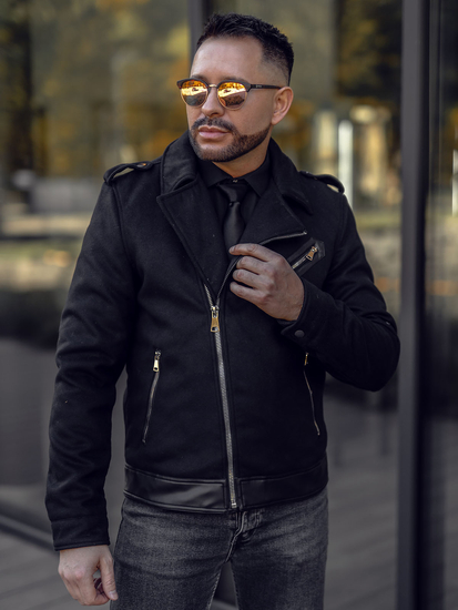 Fekete férfi téli motoros bőrdzseki 79M15501A