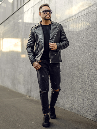 Férfi motoros bőrdzseki fekete színben Bolf 11Z8014