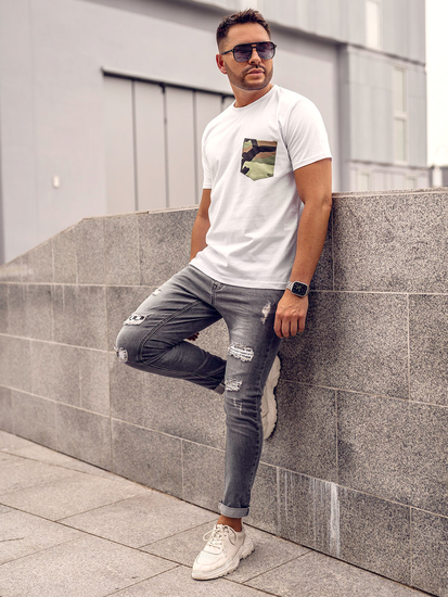 Fehér színű férfi pamutpóló terepmintás zsebbel Bolf 14507A