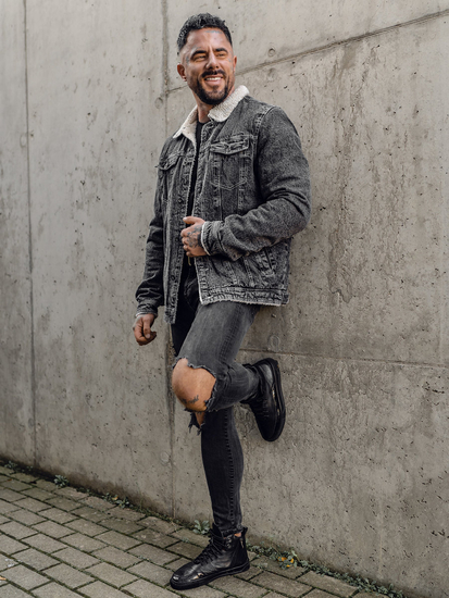 Bélelt trucker típusú férfi farmerdzseki szőrmés gallérral fekete színben Bolf 1160