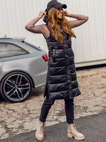 Fekete színű hosszú steppelt női mellény Bolf B8021