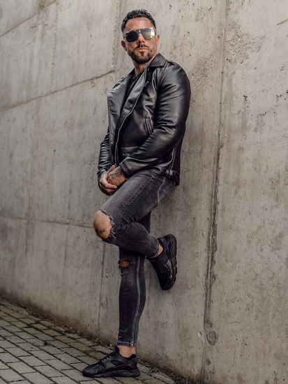 Férfi motoros bőrdzseki fekete színben Bolf 11Z8014