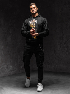 Mintás férfi pulcsi kapucnival fekete színben Bolf 6141