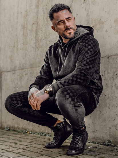 Fekete férfi bársony melegítő kapucnival Bolf 3A82-A