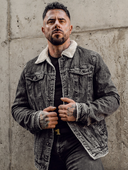 Bélelt trucker típusú férfi farmerdzseki szőrmés gallérral fekete színben Bolf 1160