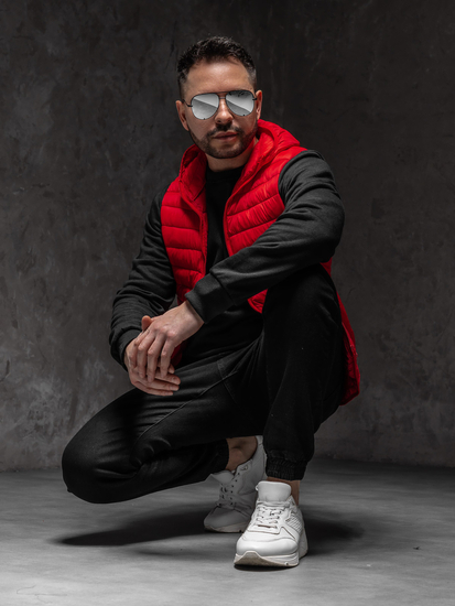 Piros férfi steppelt mellény kapucnival Bolf LY36A1