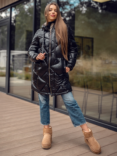 Fekete színű hosszú steppelt téli női kabát kapucnival Bolf 5M3189
