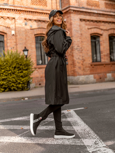 Fekete színű hosszú steppelt átmeneti női kabát kapucnival Bolf AG5019A