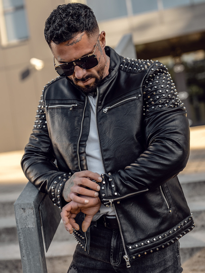 Férfi bőrdzseki szegecsekkel fekete színben Bolf 11Z8007