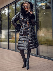 Fekete színű hosszú steppelt téli női kabát kapucnival Bolf 5M3160