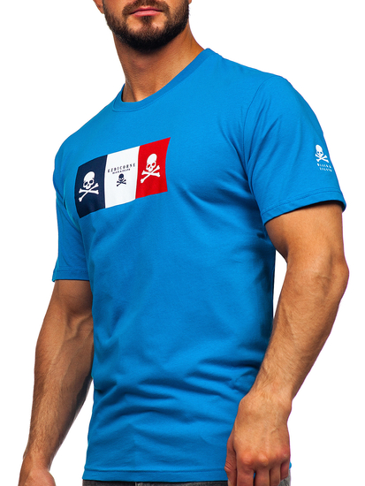 Égszínkék színű férfi pamut póló mintával Bolf 14784