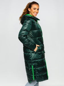 Zöld hosszú steppelt női kabát kapucnival Bolf J9063