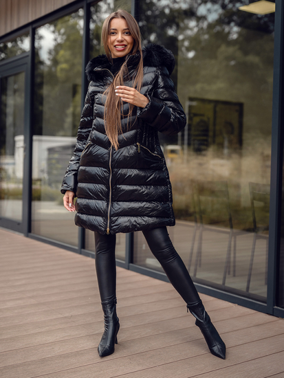 Fekete színű hosszú steppelt téli női kabát kapucnival Bolf 5M3162