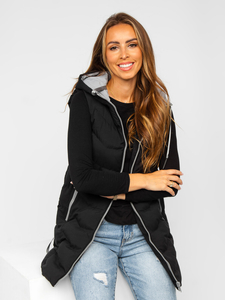 Fekete színű hosszú steppelt női mellény kapucnival Bolf 7042