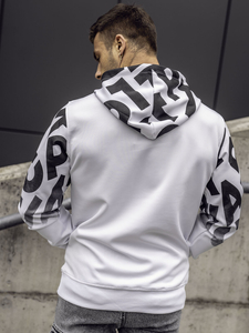 Fehér színű kapucnis kenguruzsebes férfi melegítőfelső mintával Bolf 8B992