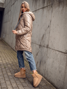 Camel színű hosszú steppelt téli női kabát kapucnival Bolf 5M3189