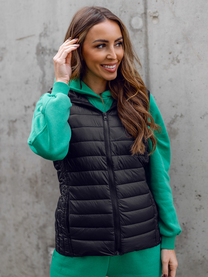 Fekete színű steppelt női mellény kapucnival Bolf 23039A