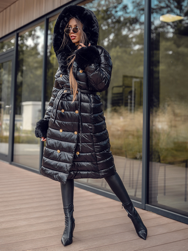 Fekete színű hosszú steppelt téli női kabát kapucnival Bolf 5M3160