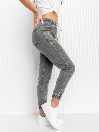 Grafit színű mom fit típusú női farmernadrág strasszkővekkel Bolf BF108